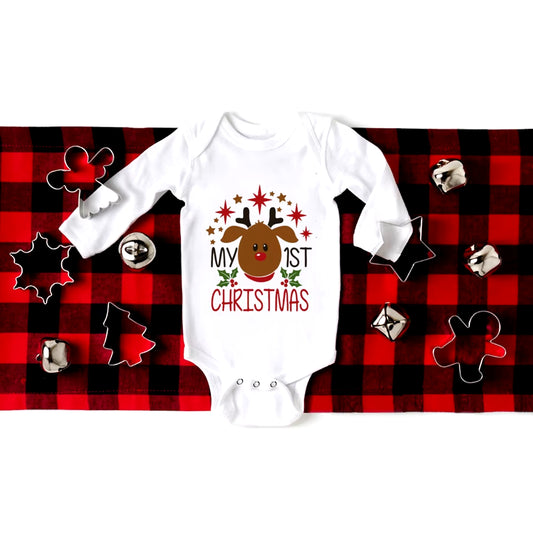 My First Christmas Baby Long Sleeve Romper Deer Print Newborn Christmas Party Outfits Infant Baptism Bodysuit Clothes Xmas Gifts